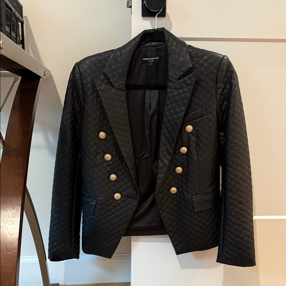 Generation Love Black Quilted leather Blazer with Gold Buttons